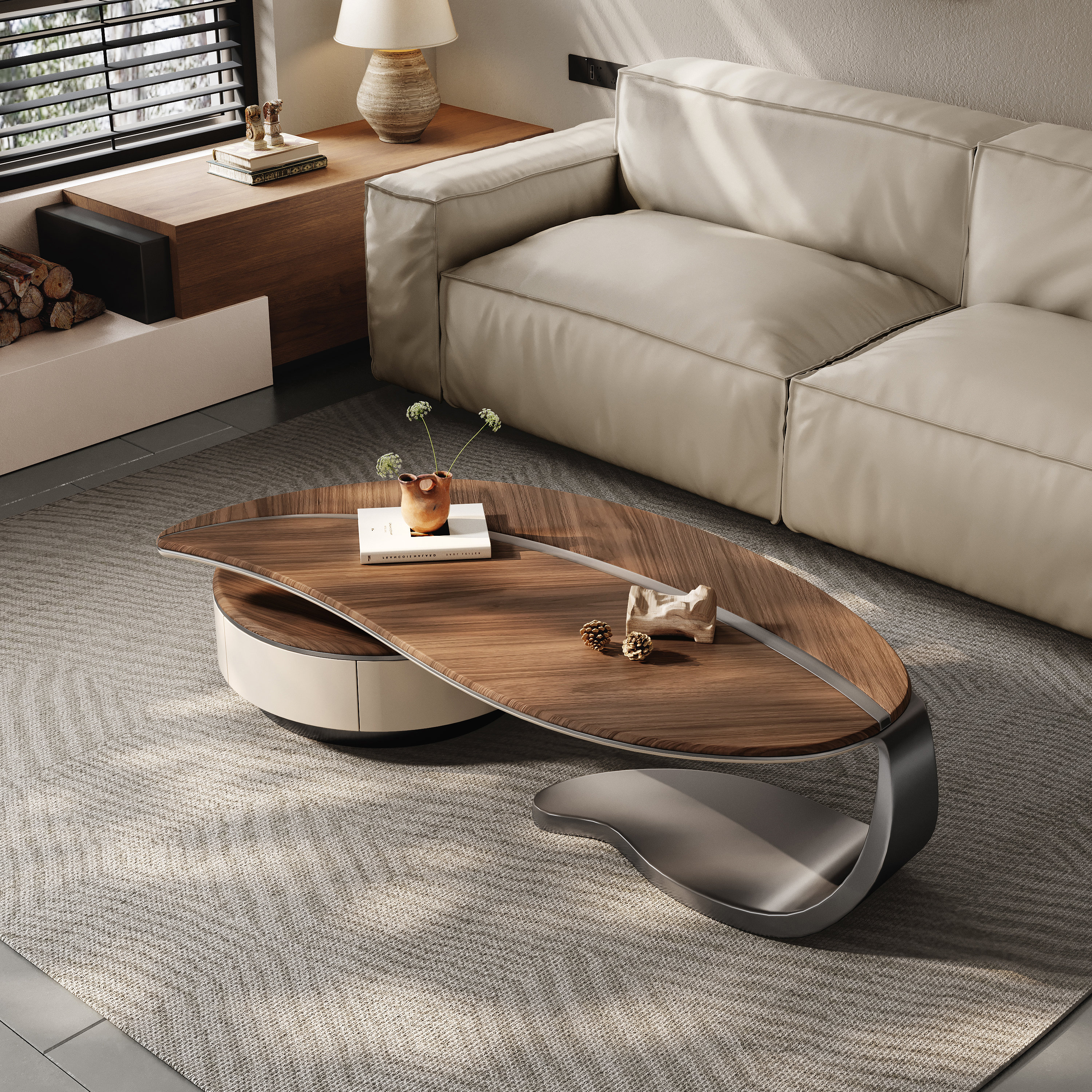 【cornice】COFFEE TABLE Orren Ellis Abels Mid-Century Modern Wood Leaf Shaped Coffee Table